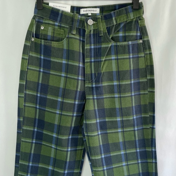 New We Wore What Plaid High Rise Straight Leg Dad Jeans Basil Green Size 25 - Picture 7 of 16